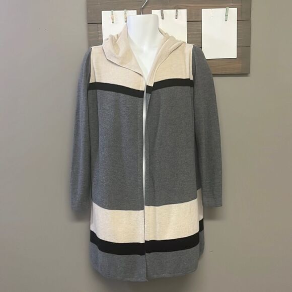 White House Black Market Striped Open Front Cardigan with Hood- Large - Picture 1 of 14